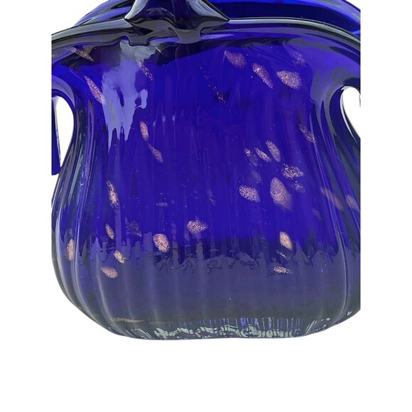 Murano Blown Glass Vase Basket Shape Cobalt Blue With Gold Sparkling Accents - Picture 4 of 15